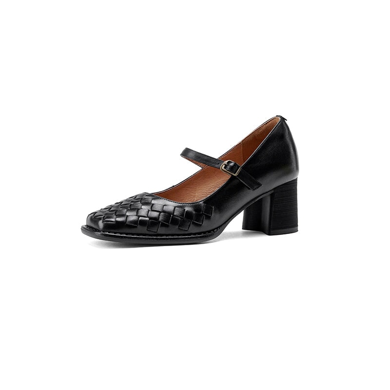 Vintage Square Toe Woven Sheepskin Mary Jane Pumps with Metal Buckle in Black/Brown
