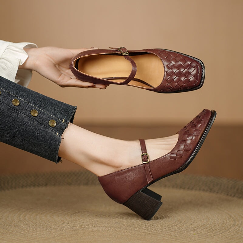 Vintage Square Toe Woven Sheepskin Mary Jane Pumps with Metal Buckle in Black/Brown