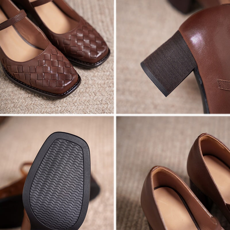 Vintage Square Toe Woven Sheepskin Mary Jane Pumps with Metal Buckle in Black/Brown