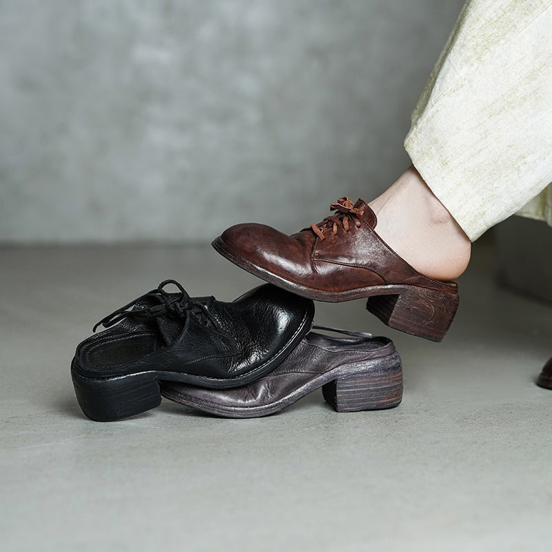 Vintage Washed Horse Leather Lace-Up Mules for Women Block Heel Closed-Toe Slippers in Black/Grey/Red Brown