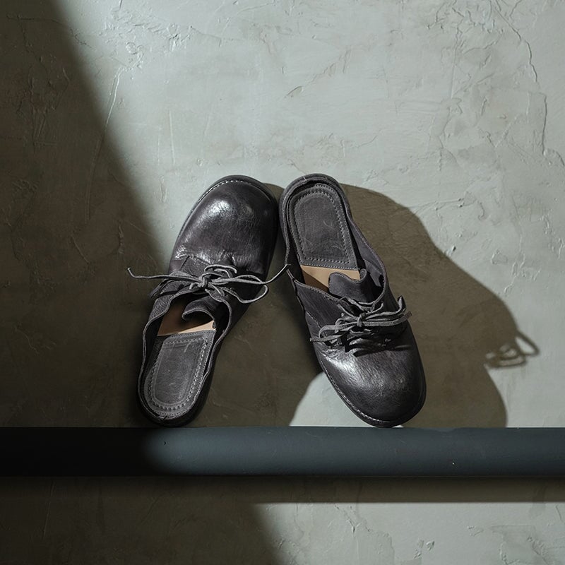 Vintage Washed Horse Leather Lace-Up Mules for Women Block Heel Closed-Toe Slippers in Black/Grey/Red Brown