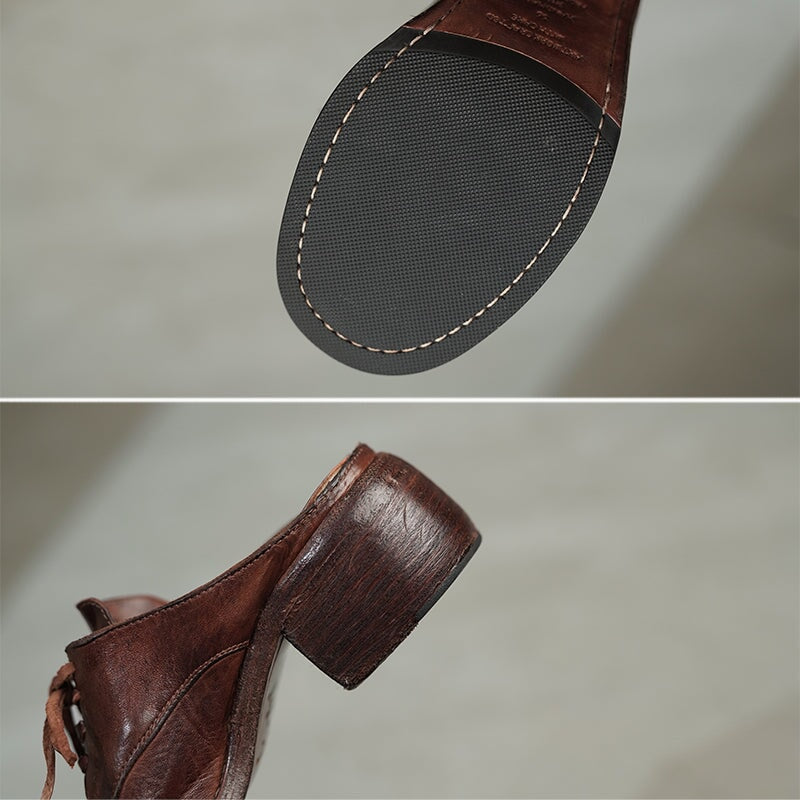 Vintage Washed Horse Leather Lace-Up Mules for Women Block Heel Closed-Toe Slippers in Black/Grey/Red Brown