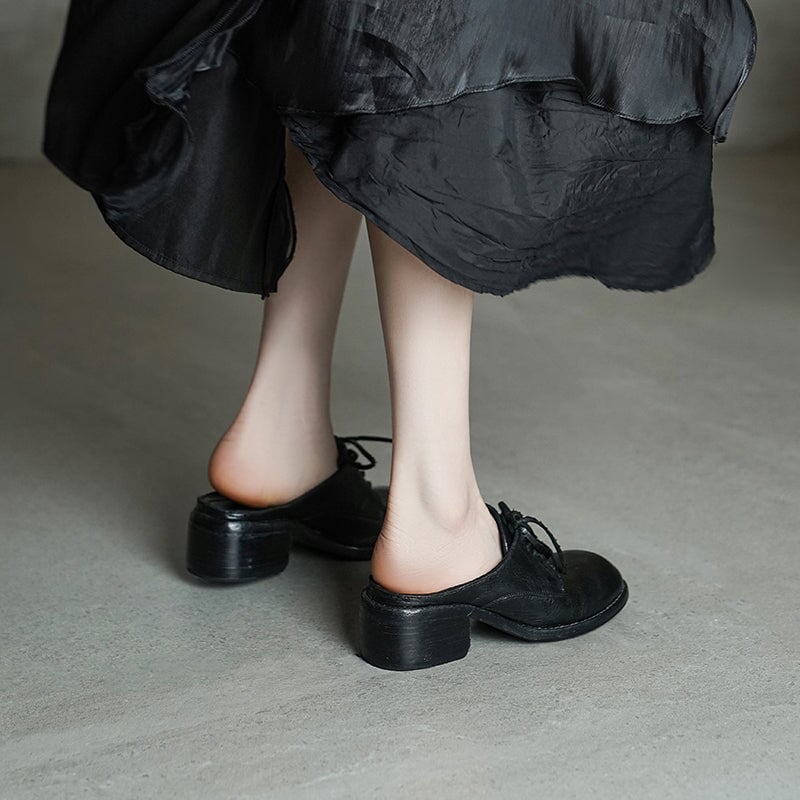 Vintage Washed Horse Leather Lace-Up Mules for Women Block Heel Closed-Toe Slippers in Black/Grey/Red Brown