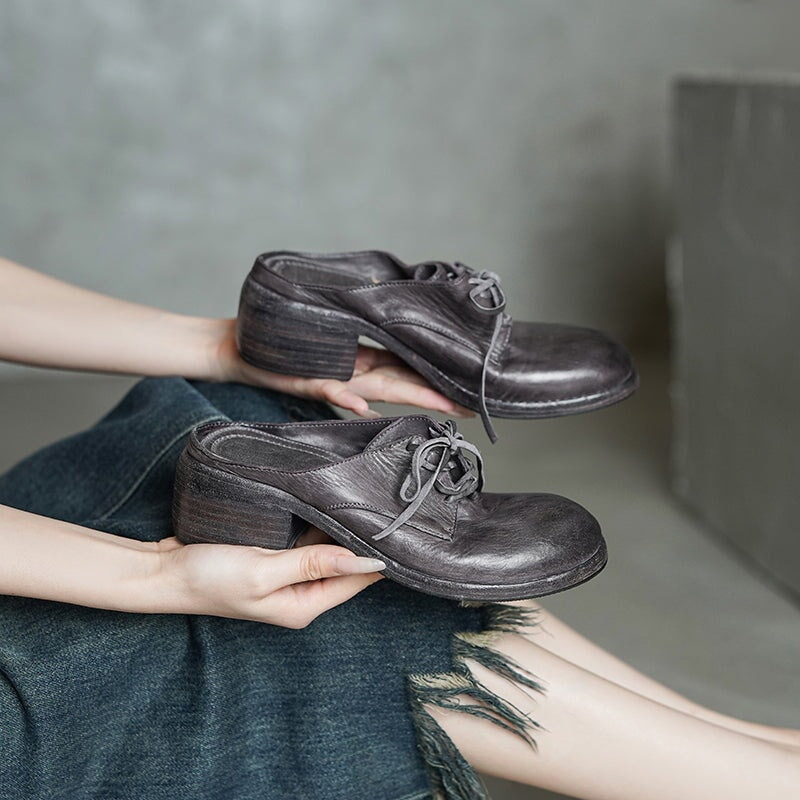 Vintage Washed Horse Leather Lace-Up Mules for Women Block Heel Closed-Toe Slippers in Black/Grey/Red Brown