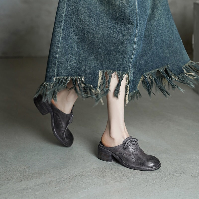 Vintage Washed Horse Leather Lace-Up Mules for Women Block Heel Closed-Toe Slippers in Black/Grey/Red Brown