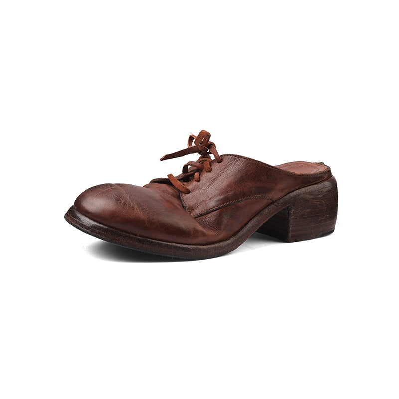 Vintage Washed Horse Leather Lace-Up Mules for Women Block Heel Closed-Toe Slippers in Black/Grey/Red Brown