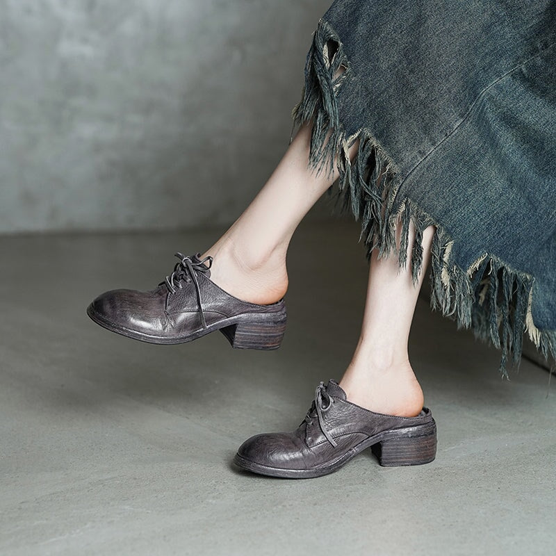 Vintage Washed Horse Leather Lace-Up Mules for Women Block Heel Closed-Toe Slippers in Black/Grey/Red Brown