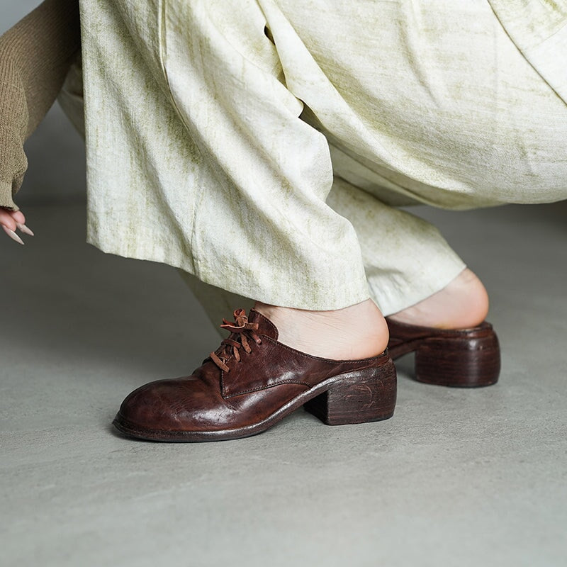 Vintage Washed Horse Leather Lace-Up Mules for Women Block Heel Closed-Toe Slippers in Black/Grey/Red Brown