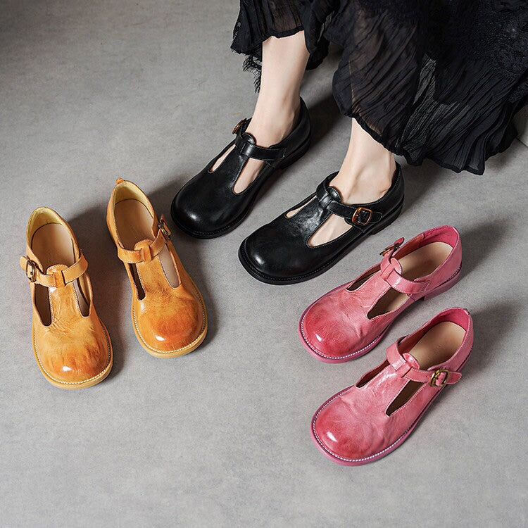 Vintage Washed Horse Leather Round Toe T-Strap Mary Jane Shoes Pink/Yellow/Black