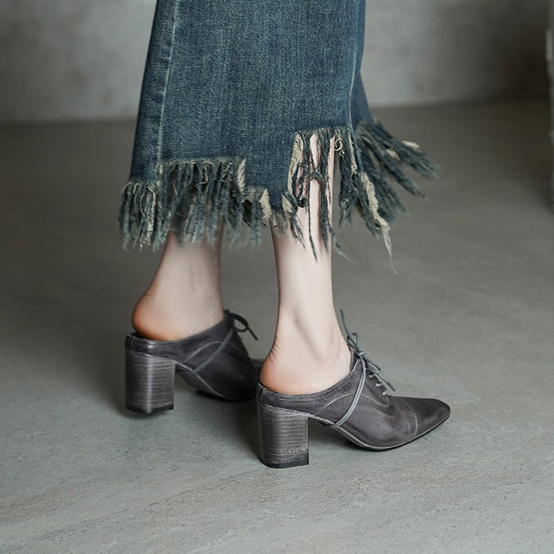 Vintage Washed Horse Leather Square Toe Lace-Up Mules Women's 70mm Block Heel Slippers in Black/Grey/Apricot