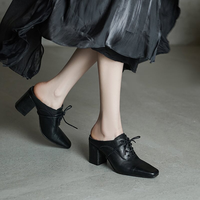 Vintage Washed Horse Leather Square Toe Lace-Up Mules Women's 70mm Block Heel Slippers in Black/Grey/Apricot