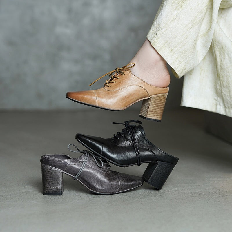 Vintage Washed Horse Leather Square Toe Lace-Up Mules Women's 70mm Block Heel Slippers in Black/Grey/Apricot