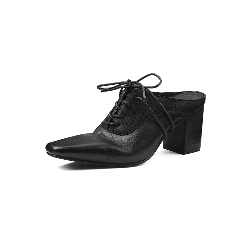 Vintage Washed Horse Leather Square Toe Lace-Up Mules Women's 70mm Block Heel Slippers in Black/Grey/Apricot