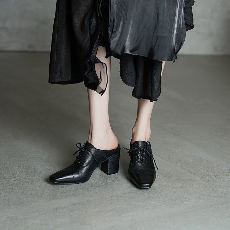 Vintage Washed Horse Leather Square Toe Lace-Up Mules Women's 70mm Block Heel Slippers in Black/Grey/Apricot