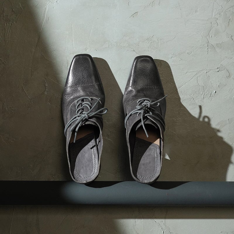 Vintage Washed Horse Leather Square Toe Lace-Up Mules Women's 70mm Block Heel Slippers in Black/Grey/Apricot