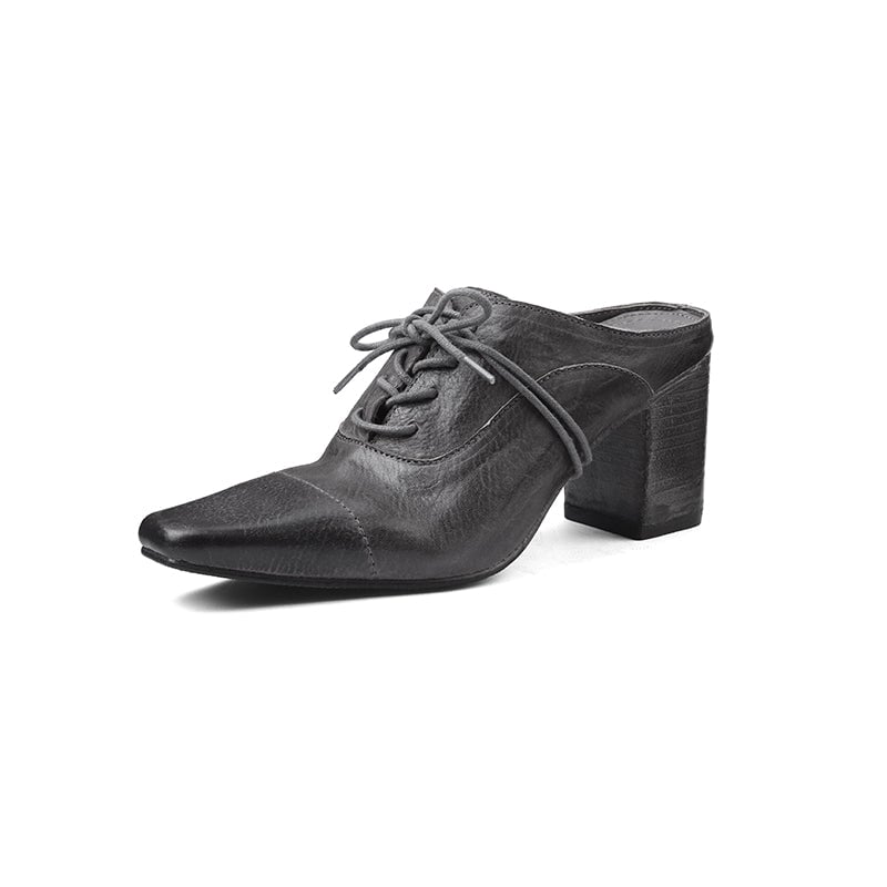 Vintage Washed Horse Leather Square Toe Lace-Up Mules Women's 70mm Block Heel Slippers in Black/Grey/Apricot