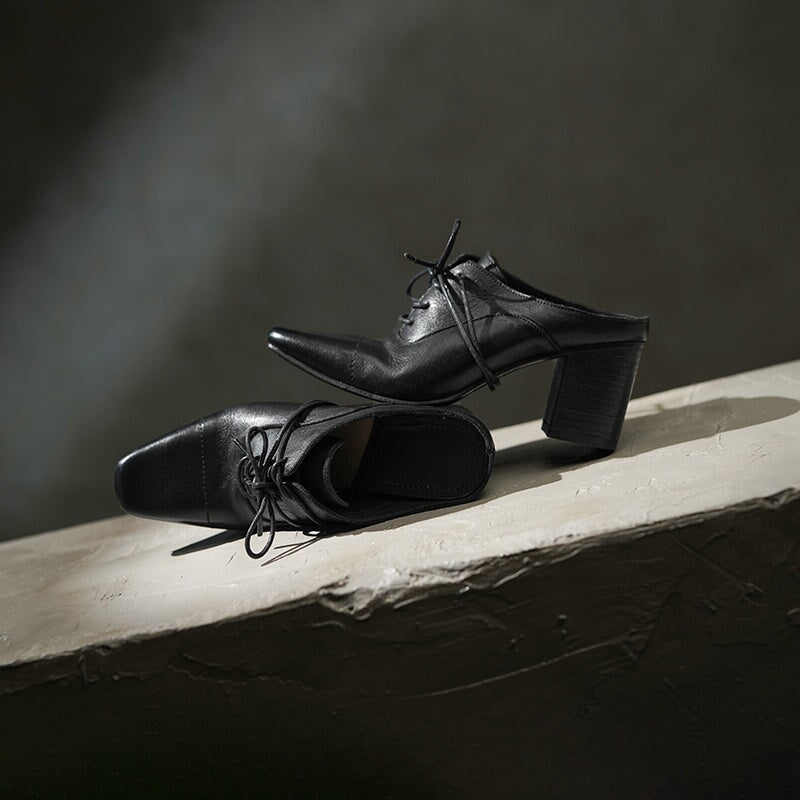 Vintage Washed Horse Leather Square Toe Lace-Up Mules Women's 70mm Block Heel Slippers in Black/Grey/Apricot