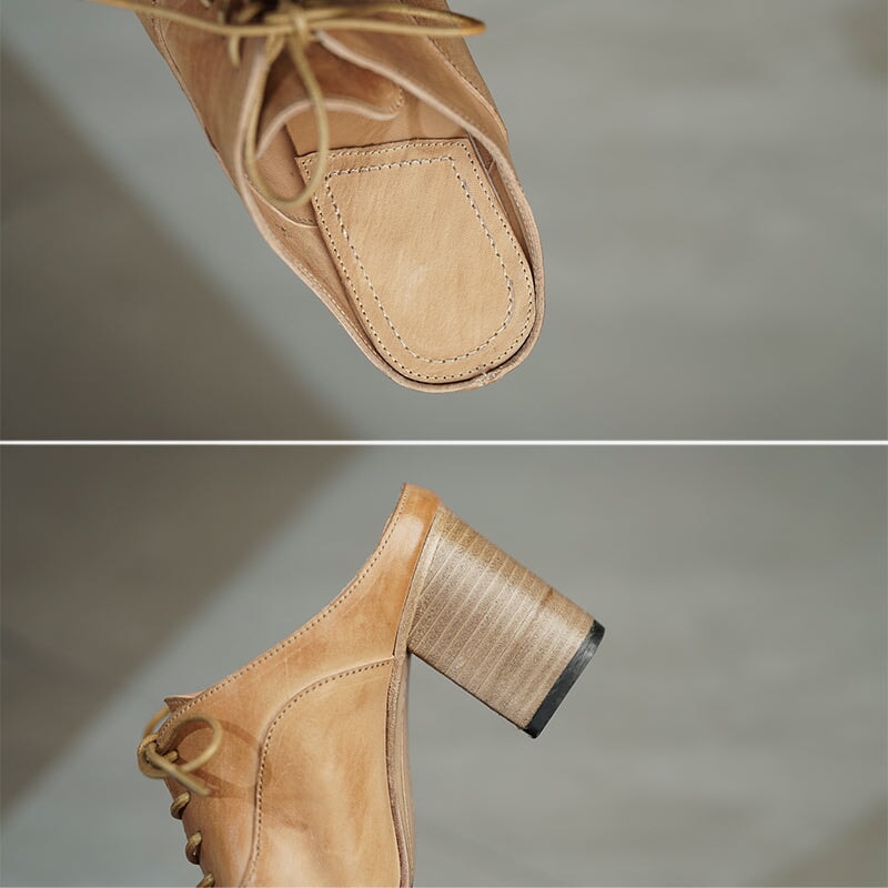 Vintage Washed Horse Leather Square Toe Lace-Up Mules Women's 70mm Block Heel Slippers in Black/Grey/Apricot