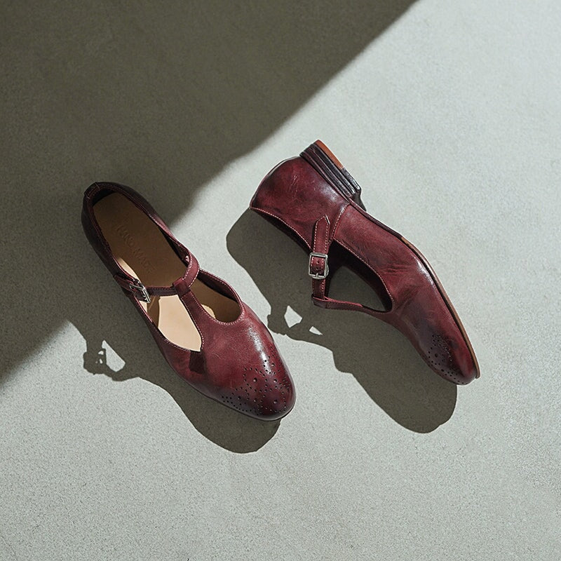 Vintage Washed Horse Leather T-Strap Brogue Mary Jane Shoes in Red/Black/Brown