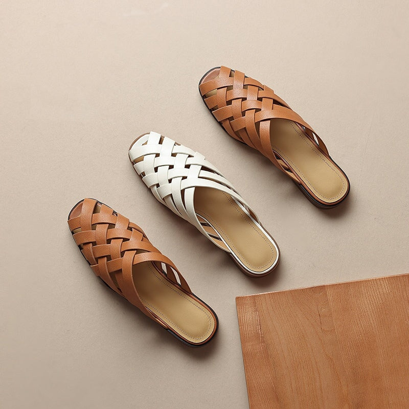 Vintage Woven Cow Leather Closed-Toe Roman Sandals Slip-On Mules in Beige/Brown