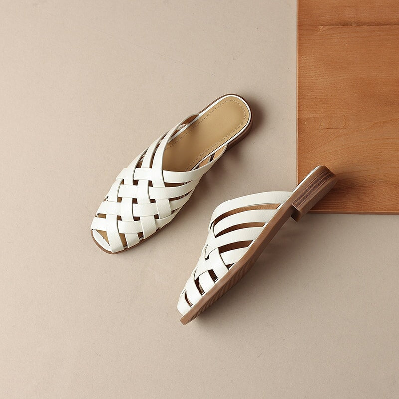 Vintage Woven Cow Leather Closed-Toe Roman Sandals Slip-On Mules in Beige/Brown
