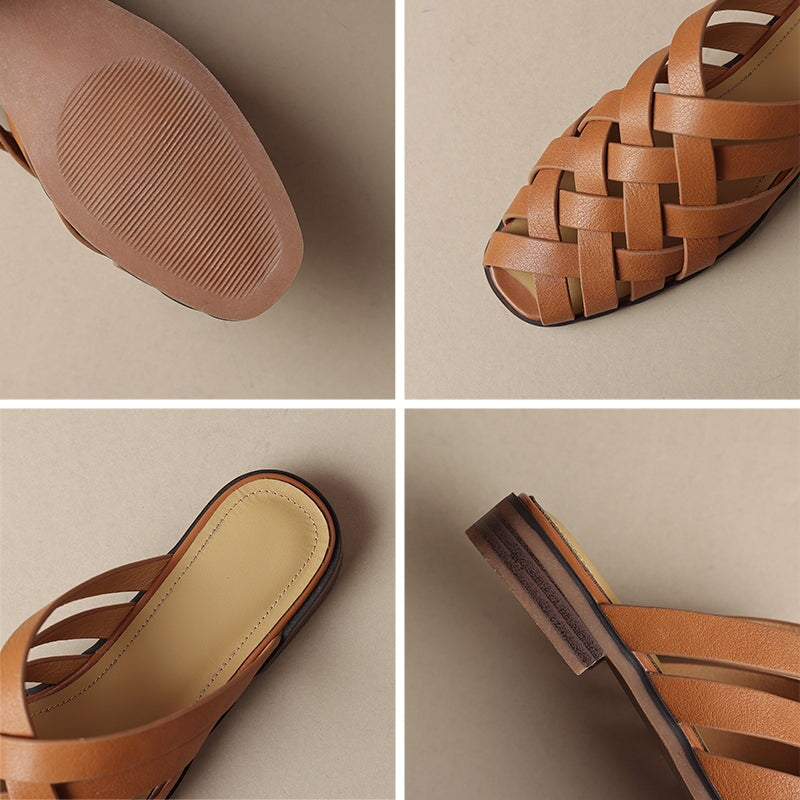 Vintage Woven Cow Leather Closed-Toe Roman Sandals Slip-On Mules in Beige/Brown