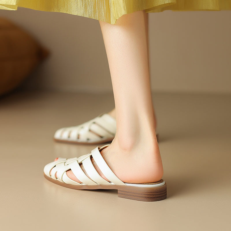 Vintage Woven Cow Leather Closed-Toe Roman Sandals Slip-On Mules in Beige/Brown