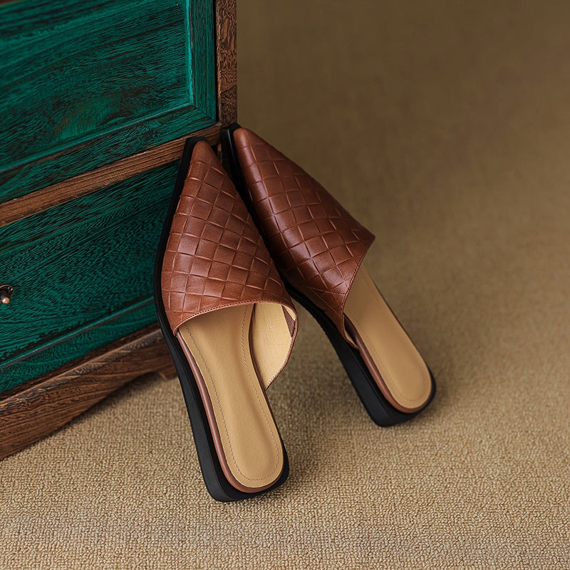 Vintage Woven Pointed Toe Leather Mules Flat Backless Slippers for Women in Brown/Black