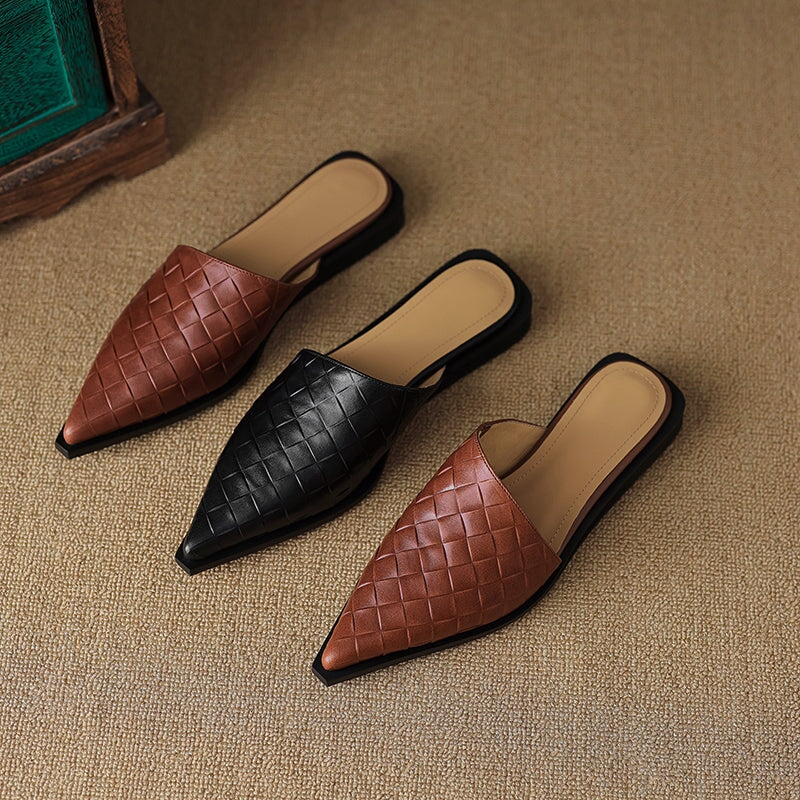 Vintage Woven Pointed Toe Leather Mules Flat Backless Slippers for Women in Brown/Black