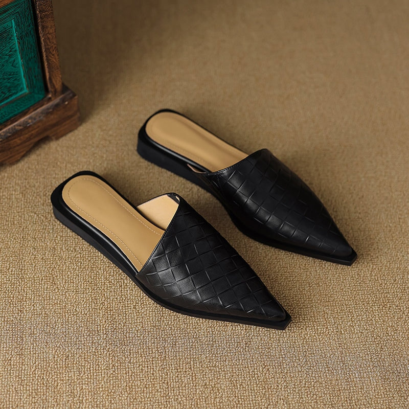 Vintage Woven Pointed Toe Leather Mules Flat Backless Slippers for Women in Brown/Black