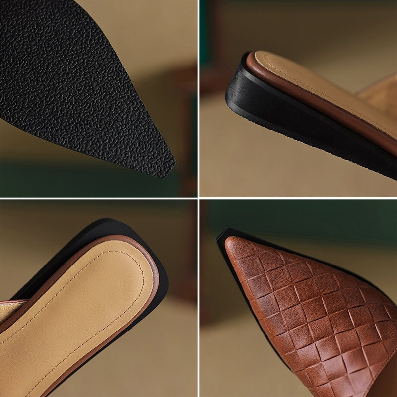 Vintage Woven Pointed Toe Leather Mules Flat Backless Slippers for Women in Brown/Black