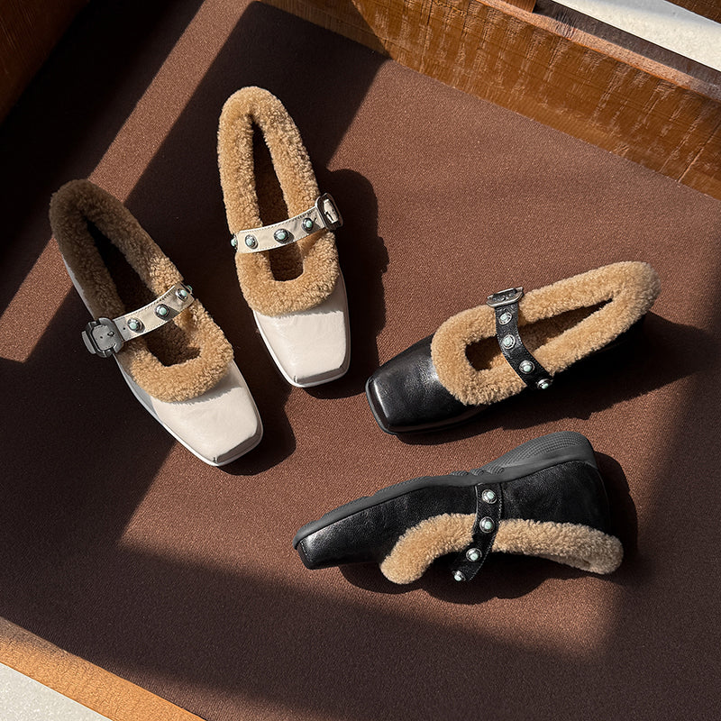 Winter Square Toe Full Grain Sheepskin Mary Jane Shoes with Shearling Lining & Studded Strap in Beige/Black