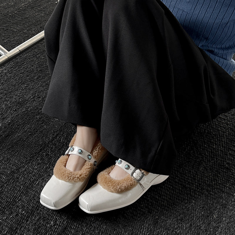 Winter Square Toe Full Grain Sheepskin Mary Jane Shoes with Shearling Lining & Studded Strap in Beige/Black