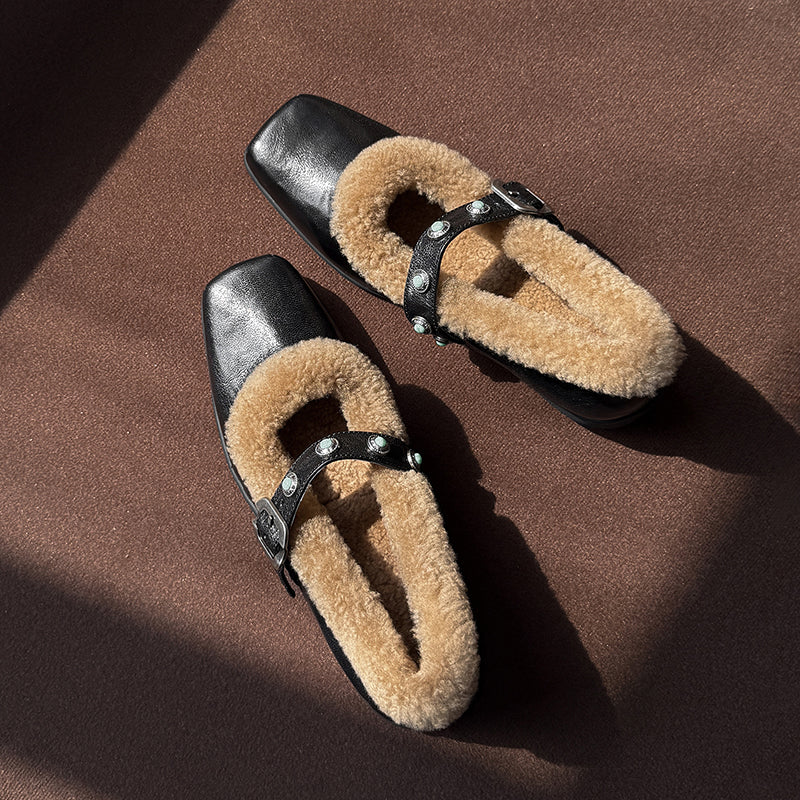 Winter Square Toe Full Grain Sheepskin Mary Jane Shoes with Shearling Lining & Studded Strap in Beige/Black