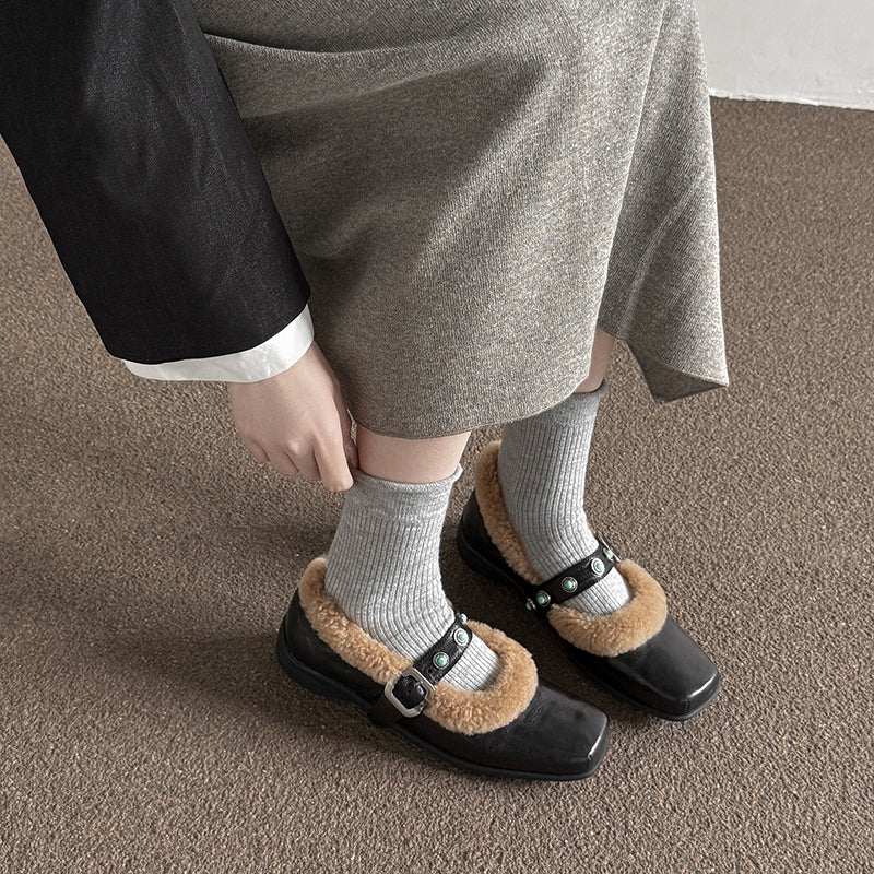Winter Square Toe Full Grain Sheepskin Mary Jane Shoes with Shearling Lining & Studded Strap in Beige/Black