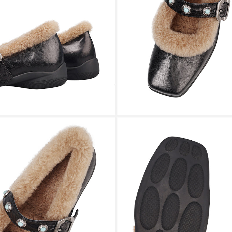 Winter Square Toe Full Grain Sheepskin Mary Jane Shoes with Shearling Lining & Studded Strap in Beige/Black