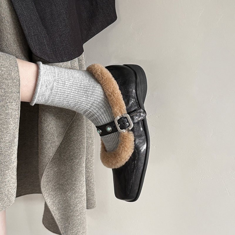 Winter Square Toe Full Grain Sheepskin Mary Jane Shoes with Shearling Lining & Studded Strap in Beige/Black