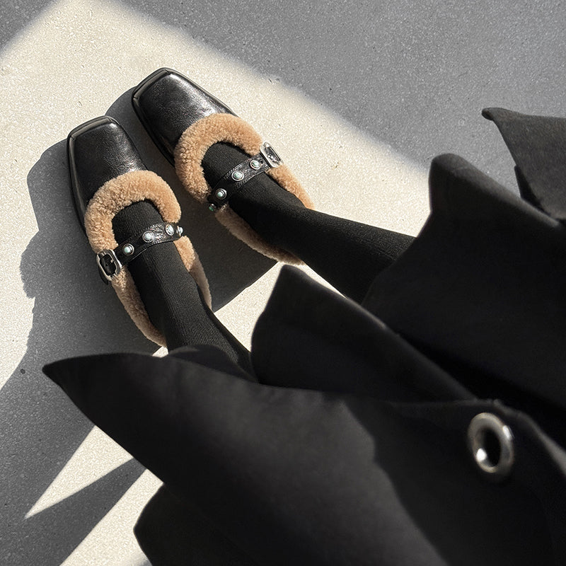 Winter Square Toe Full Grain Sheepskin Mary Jane Shoes with Shearling Lining & Studded Strap in Beige/Black
