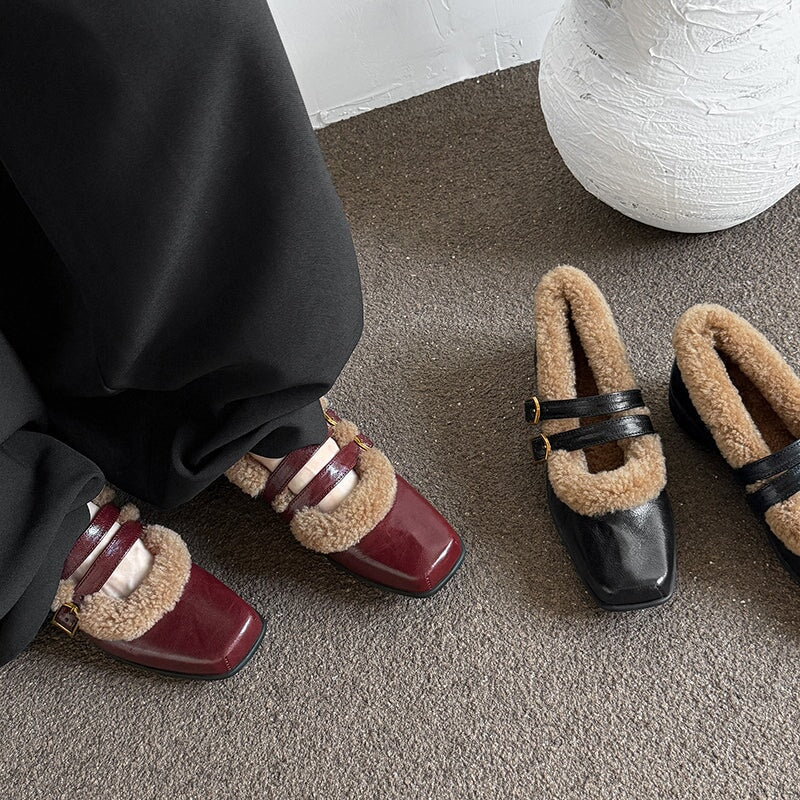 Winter Square Toe Mary Jane Shoes Double Buckle Full Grain Sheepskin & Shearling Flats in Wine Red/Black