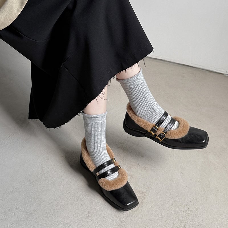 Winter Square Toe Mary Jane Shoes Double Buckle Full Grain Sheepskin & Shearling Flats in Wine Red/Black