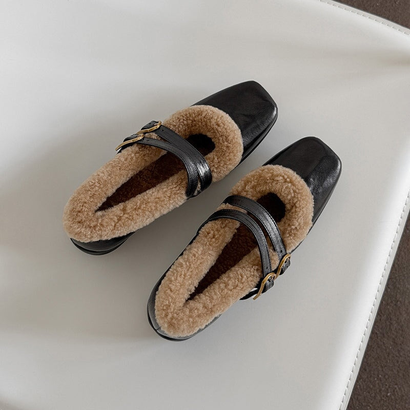 Winter Square Toe Mary Jane Shoes Double Buckle Full Grain Sheepskin & Shearling Flats in Wine Red/Black