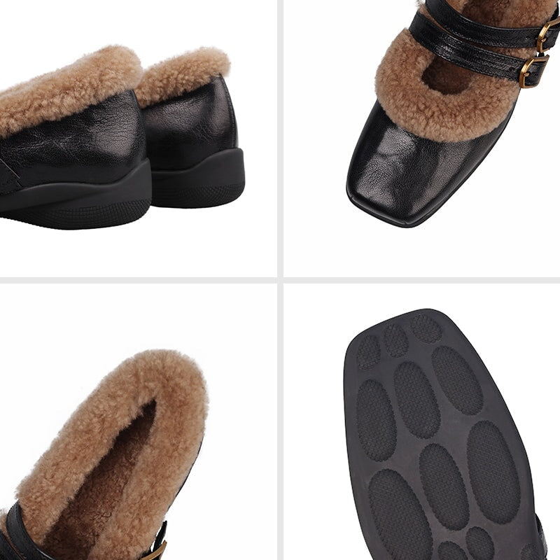 Winter Square Toe Mary Jane Shoes Double Buckle Full Grain Sheepskin & Shearling Flats in Wine Red/Black