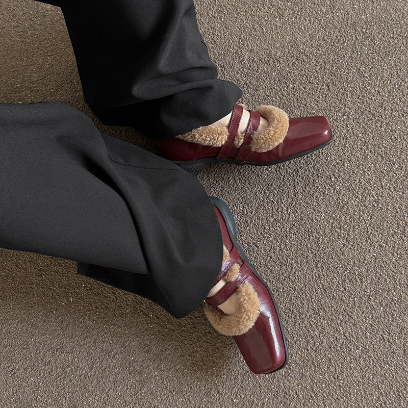 Winter Square Toe Mary Jane Shoes Double Buckle Full Grain Sheepskin & Shearling Flats in Wine Red/Black