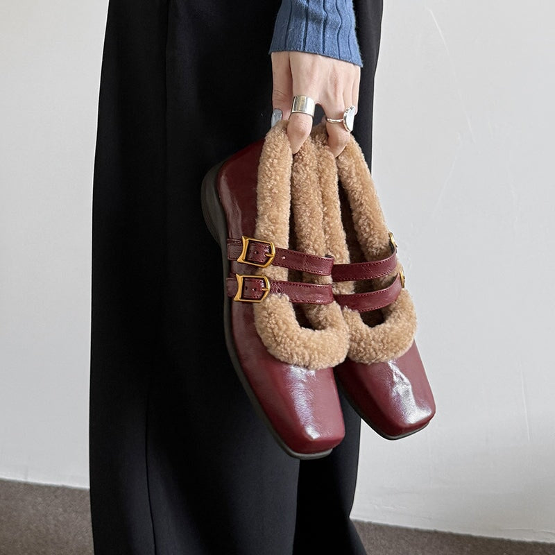 Winter Square Toe Mary Jane Shoes Double Buckle Full Grain Sheepskin & Shearling Flats in Wine Red/Black