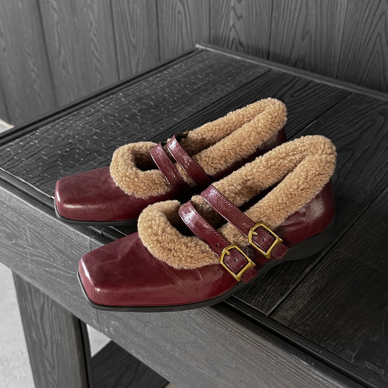 Winter Square Toe Mary Jane Shoes Double Buckle Full Grain Sheepskin & Shearling Flats in Wine Red/Black