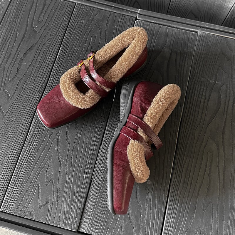 Winter Square Toe Mary Jane Shoes Double Buckle Full Grain Sheepskin & Shearling Flats in Wine Red/Black