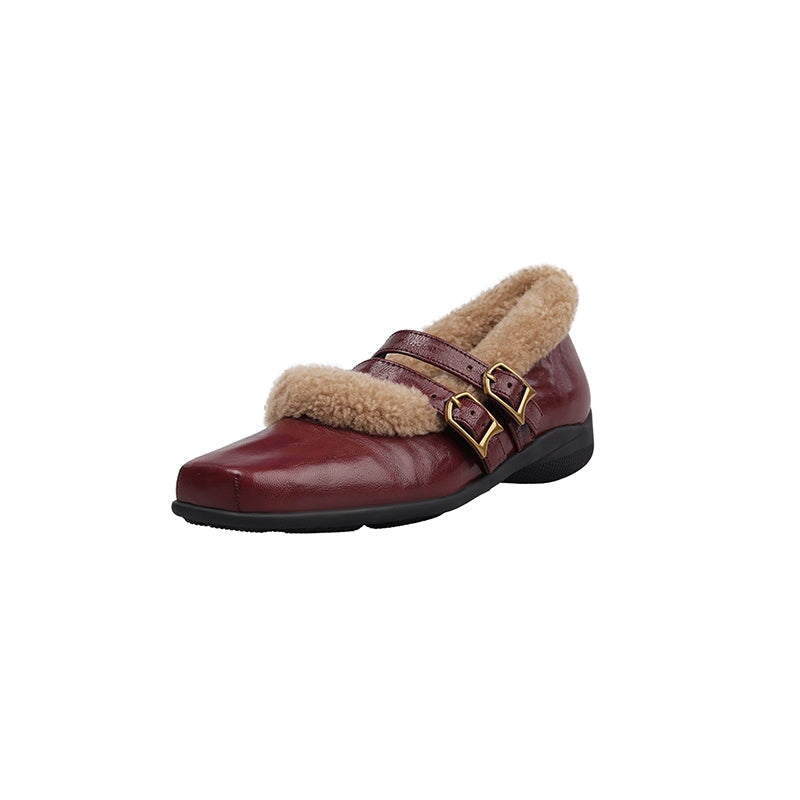 Winter Square Toe Mary Jane Shoes Double Buckle Full Grain Sheepskin & Shearling Flats in Wine Red/Black