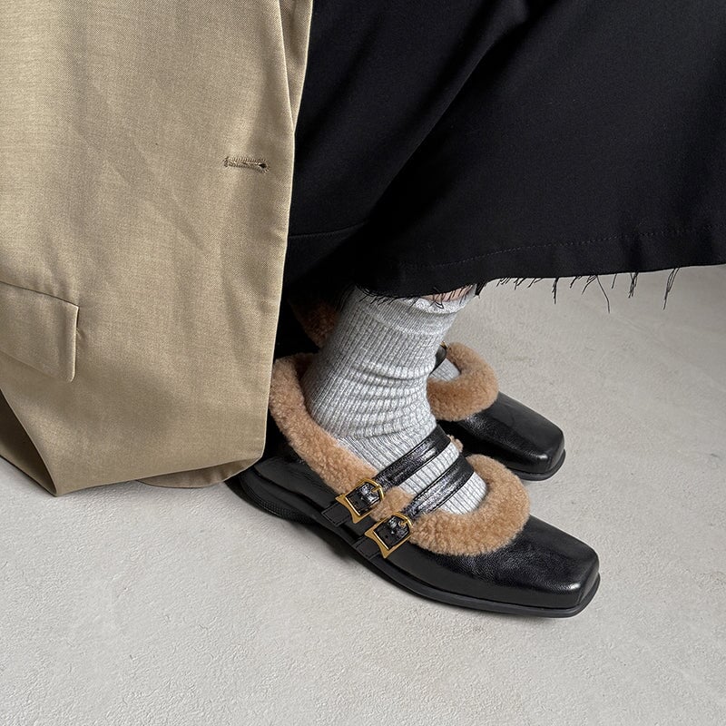 Winter Square Toe Mary Jane Shoes Double Buckle Full Grain Sheepskin & Shearling Flats in Wine Red/Black
