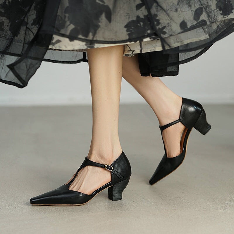 Women's 50mm Block Heel Horse Leather T-strap Mary Jane Shoes For Summer in Brown/Black