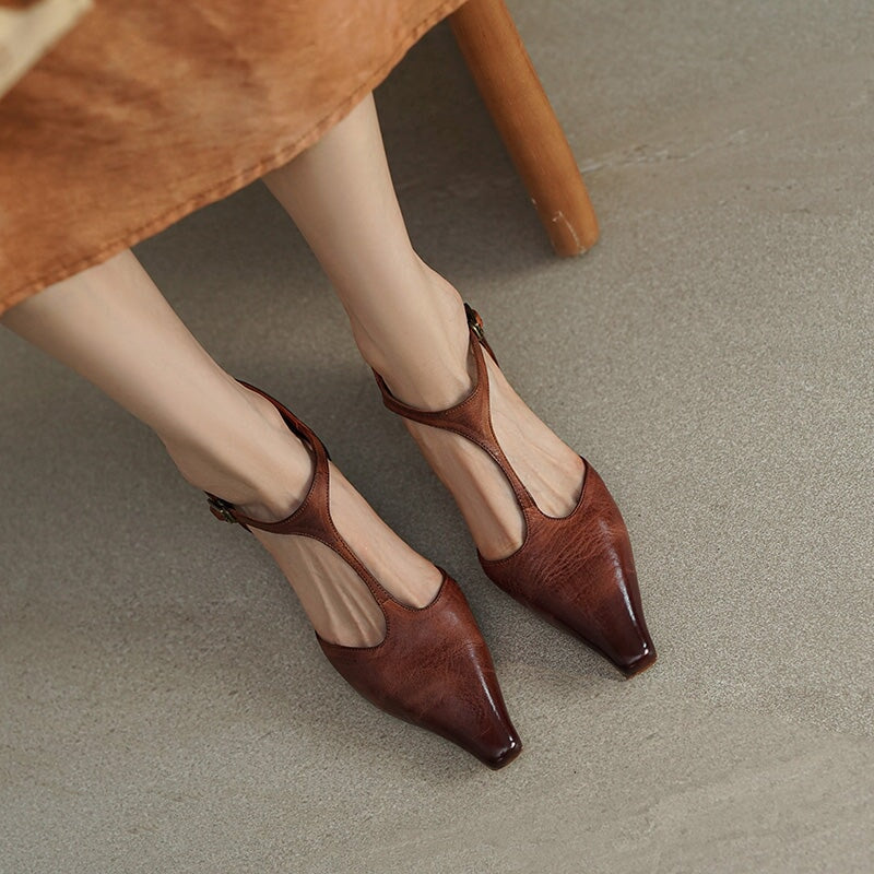 Women's 50mm Block Heel Horse Leather T-strap Mary Jane Shoes For Summer in Brown/Black
